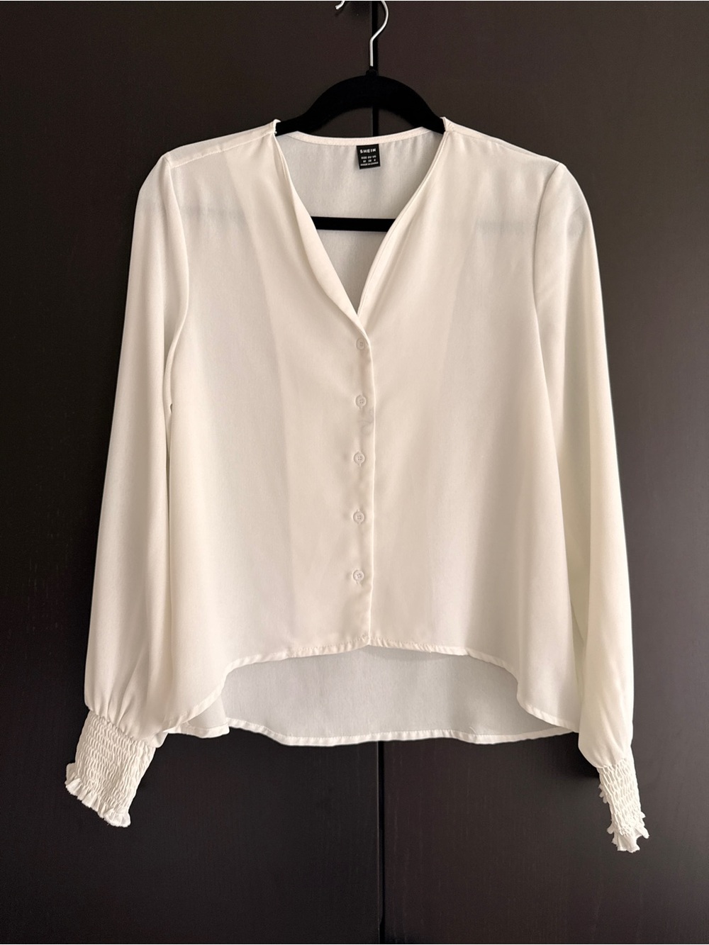 SHEIN Cream Button-Front V-Neck Blouse with Smocked Cuffs